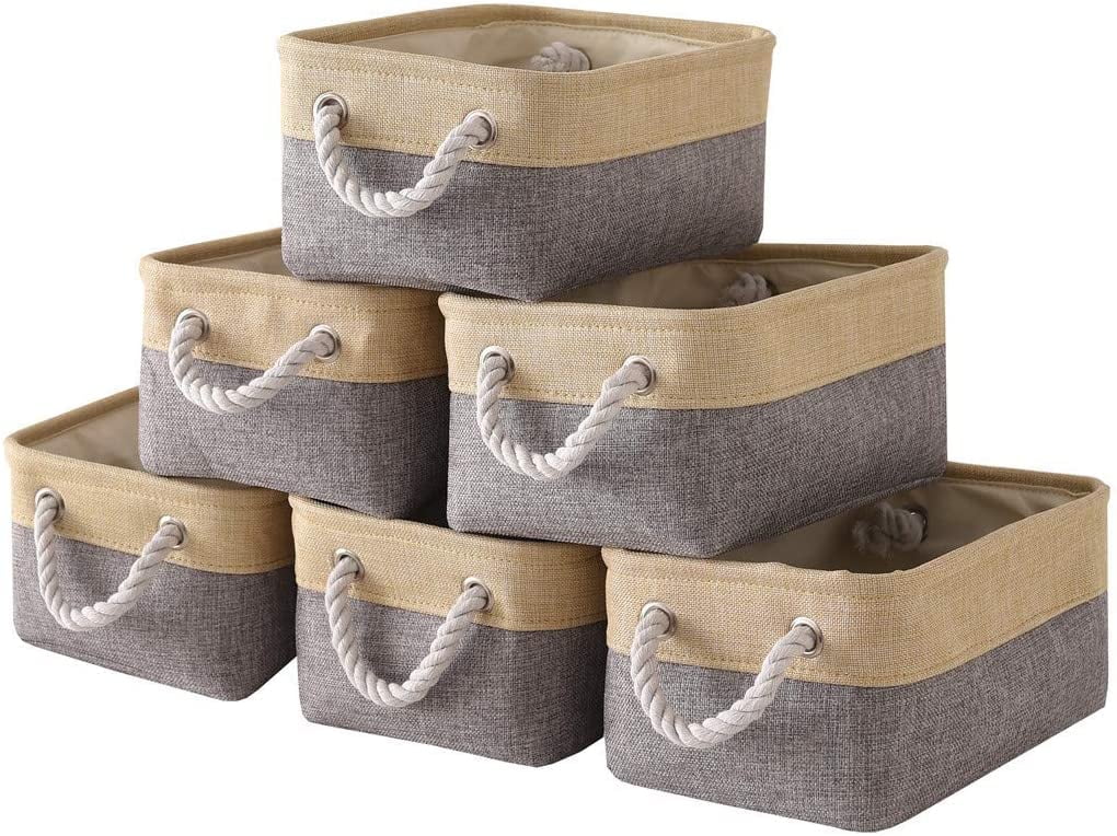 Small Beige and Gray Fabric Storage Baskets with Cotton Rope Handles - Set of 6