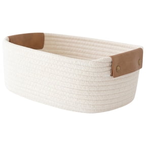 Storage Basket​ Oval/Beige White Woven Bin Brown Leather Handles Small Items Inside Natural Cloth Material Home Vanity Desk Organization