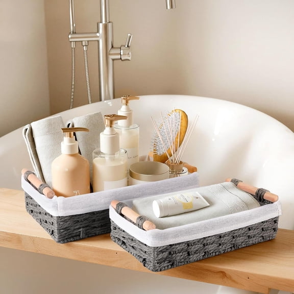 Storage Basket Paper Rope Baskets with Handle Decorative Storage Bins for Organizing, Grey