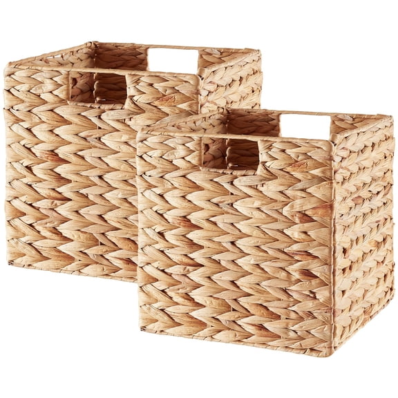 Storage Basket, Set of 2 Hand-woven Water Hyacinth Storage Baskets, Foldable Wicker Storage Basket 13 Inch Cube Storage Bins for Shelves Organizer Square Shelf Baskets, 13''x13''x13''