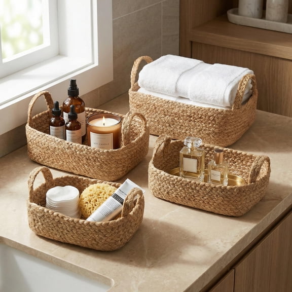 Storage Basket Set Of 4 - Jute Rope Baskets For Home Organization