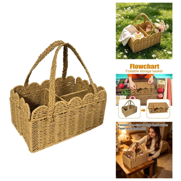 Storage Basket Small Organizer Basket Foldable Hand-Woven Paper Rope Basket with Handles Scalloped Rim for Bathroom Kitchen Shelves(B 1PCS)
