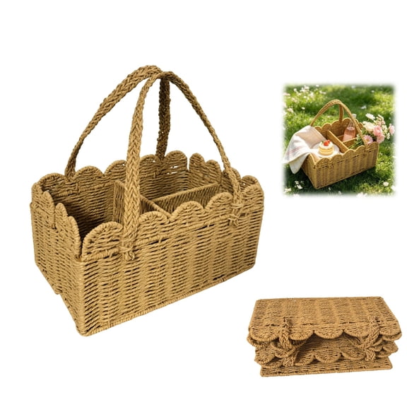 Storage Basket Small Organizer Basket Foldable Hand-Woven Paper Rope Basket with Handles Scalloped Rim for Bathroom Kitchen Shelves(B 1PCS)