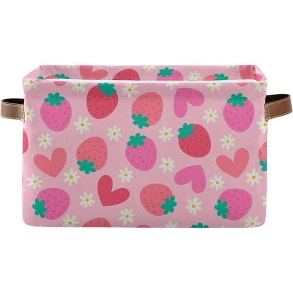 Storage Basket Strawberry Flower Pink Foldable Canvas Laundry Baskets Bin Waterproof Inner Layer with Sturdy Handles for Toy Nursery Blanket Clothes 1 Pack