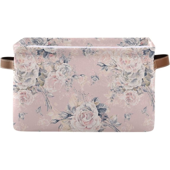 Storage Basket Vintage Rose Pink Foldable Canvas Laundry Baskets Bin Waterproof Inner Layer with Sturdy Handles for Toy Nursery Blanket Clothes 1 Pack