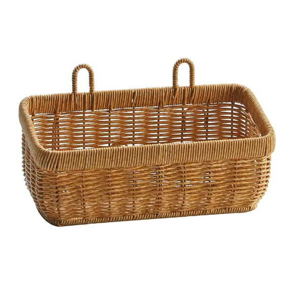 Storage Basket, Wall Hanging Basket, Imitation Vines Weaving Storage Basket for Bathroom and Living Room Organization, Durable Plastic Wicker Design, Brown Finish, 11 X 5.1 Inch