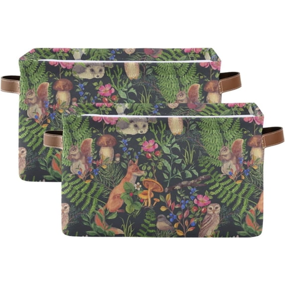 Storage Basket Watercolor Forest Animals Foldable Canvas Laundry Baskets Bin Waterproof Inner Layer with Sturdy Handles for Toy Nursery Blanket Clothes 2 Pack
