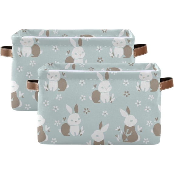 Storage Basket Watercolor Rabbit Foldable Canvas Laundry Baskets Bin Waterproof Inner Layer with Sturdy Handles for Toy Nursery Blanket Clothes 2 Pack