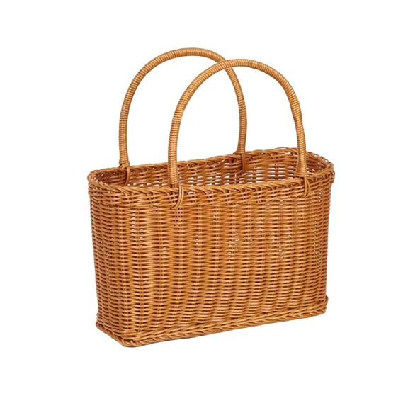 Storage Basket, Woven Basket, Handheld Outdoor Camping Vegetable Shopping Storage Basket, Durable Plastic Imitation Rattan Weaving with Reinforced Bottom and Comfortable Handle