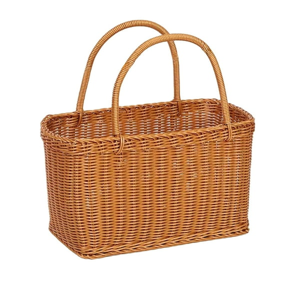 Storage Basket, Woven Basket, Handheld Outdoor Camping Vegetable Shopping Storage Basket, Durable Plastic Imitation Rattan Weaving with Reinforced Bottom and Comfortable Handle