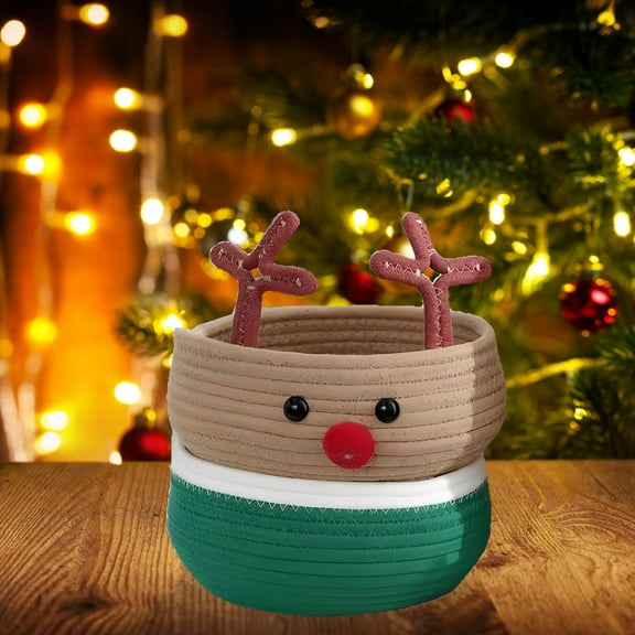 Storage Basket Woven Reindeer Design Pink Antlers Black Eyes Red Nose, Holiday Decoration Box, Christmas Gift Wrapping Solution