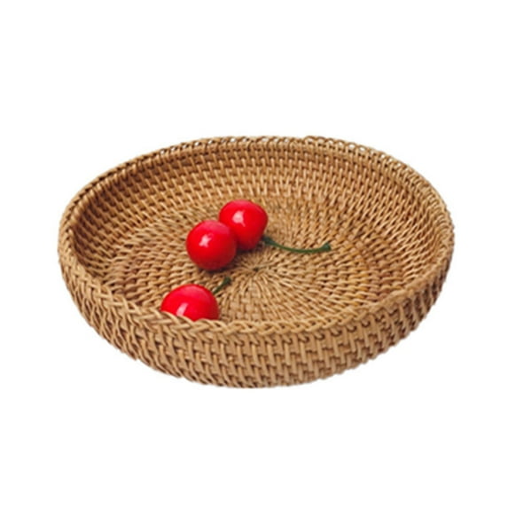 Storage Basket Woven Round Severing Tray Rattan Food Box Snack For Coffee With Handles Drinks 13 in High Wall