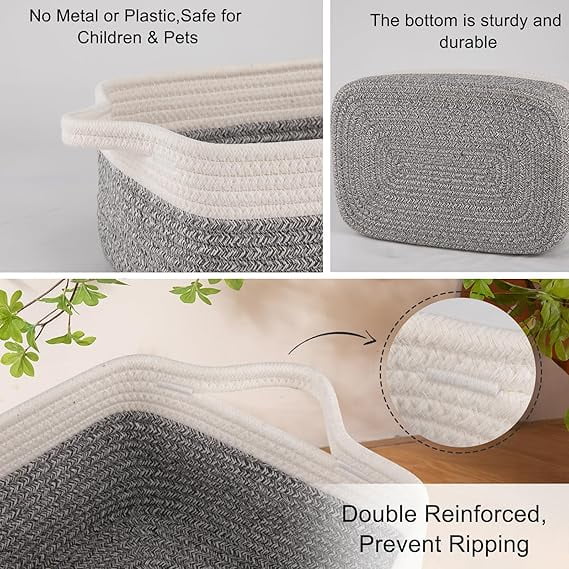 Storage Basket with Handles 12.8"Lx8.9"Wx5.5"H Woven Baskets for Storage Cotton Rope Basket for toys Towel Baskets for Bathroom Gray