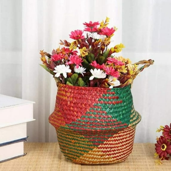 Storage Basket with Handles Woven Foldable Storage Pot Plant Basin Cover for Laundry Groceries Picnic Beach Basket