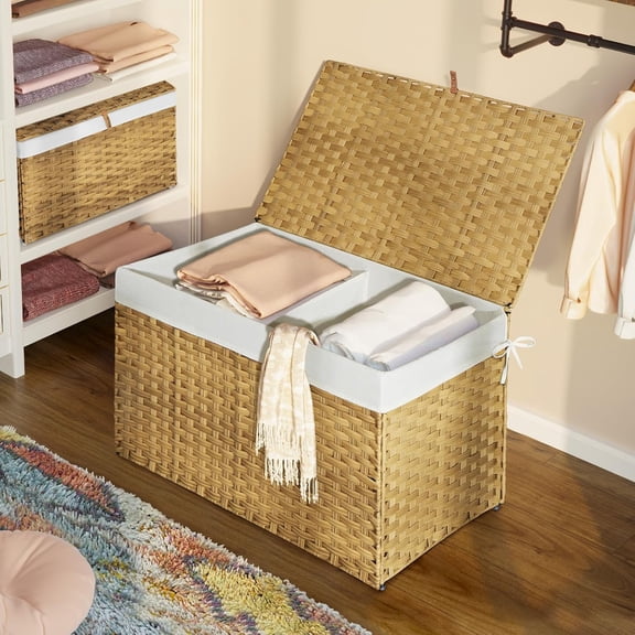 Storage Basket with Lid 160L Large Wicker Blanket Bin Foldable Metal Frame