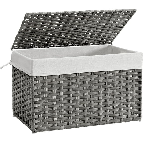 Storage Basket with Lid, 27.7 Gallon Storage Bin, Woven Blanket Storage Basket with Handles Removable Liner for Bedroom, Laundry Room, Gray