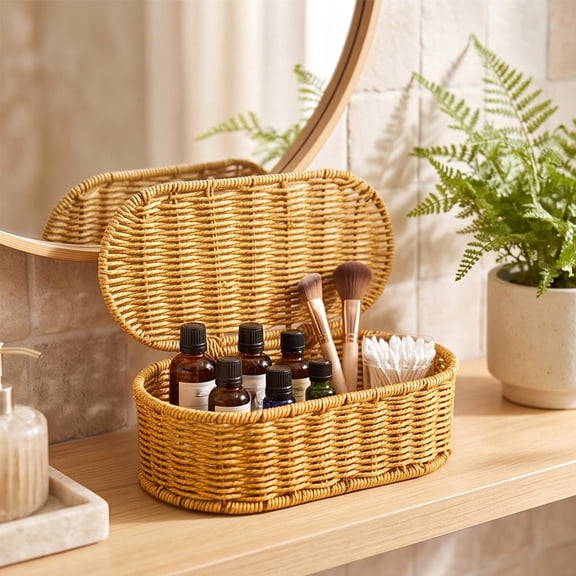 Storage Basket with Lid, VVQ Decorative Woven Organizer Box Desktop Storage Container for Small Household Items Home Tabletop Decor