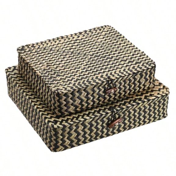 Storage Basket with lid - Flat Wicker Storage Baskets Bins Natural Seagrass Storage Baskets Box for Shelf Home Decor Set of 2 Blacks Strips