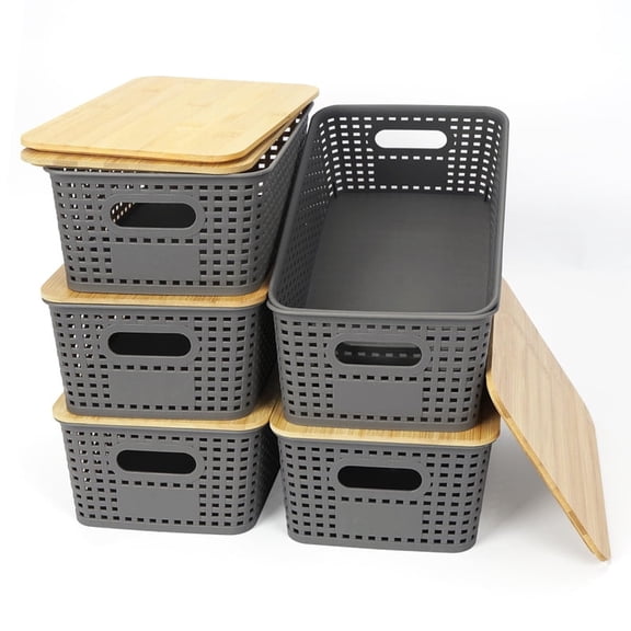 Storage Baskets with Bamboo Lid - Plastic Storage Containers Stackable Storage Bins Storage Baskets for Organizing Shelves Drawers Desktop Closet Playroom Classroom Office, (6 Pack Grey)