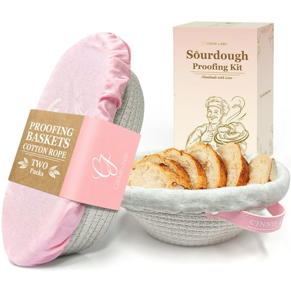 Cotton Rope Banneton Bread Proofing Basket Set, Oval & Round Baskets with Cloth Liners & Pink Covers - Artisan Sourdough Baking Supplies, Decorative Baking Tools for Kitchen & Gift Giving