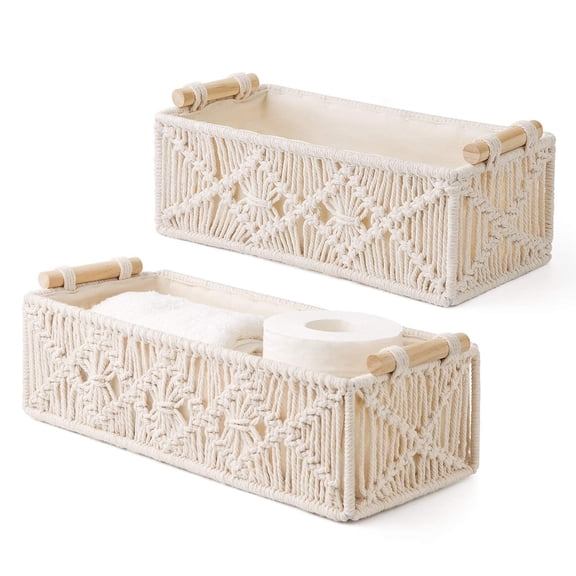 Macrame Storage Baskets Boho Decor Box Handmade Woven Decorative Countertop Toilet Tank Shelf Cabinet Organizer for Bedroom Livingroom Home, Set of 2, Ivory