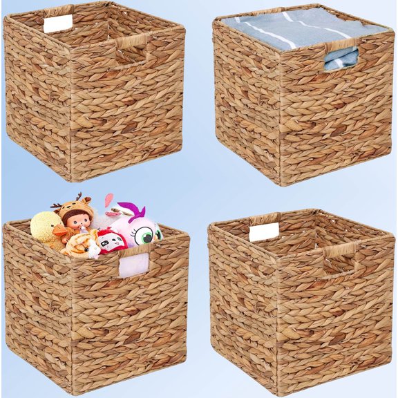 Storage Baskets, Foldable Handwoven Water Hyacinth Laundry Organizer, Cube Storage Baskets