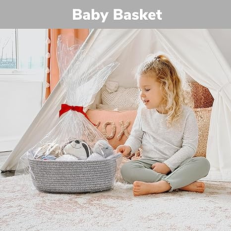 Storage Baskets for Gifts Empty, Gift Basket for Christmas, Small Woven Burr Basket for Towels Baby Toys, Decorative Rope Baskets for Nursery Living Room, Grey, 13 x 9.8 x 5 inches