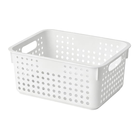 Storage Baskets with Handle, Heavy Duty Plastic Laundry Storage Bins, Compact Stackable Pantry Organizers, Multi Purpose Storage Containers for Bathroom and Kitchen,14.37*10.04*5.71",White