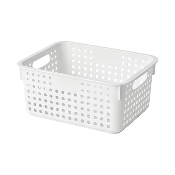 Storage Baskets with Handle, Heavy Duty Plastic Laundry Storage Bins, Compact Stackable Pantry Organizers, Multi Purpose Storage Containers for Bathroom and Kitchen,12.2*8.26*4.72",White