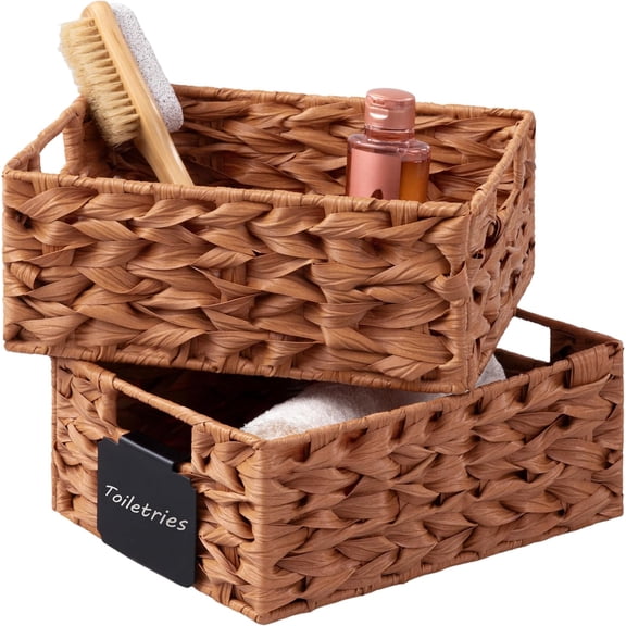 Storage Baskets with Label, Wicker Pantry Baskets for Shelves,  Woven Basket for Organizing, 2-Pack Plastic Rectangle Organizers with Handles, Light Brown (10Lx8Hx4W)