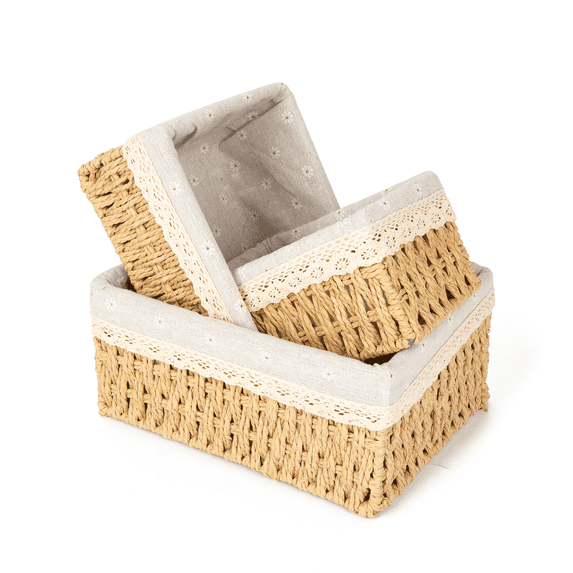 Wicker Baskets for Organizing,Natural Paper Rope Large Small Basket Set with Liner,Hand Woven Pantry Organizer & Storage for Women Girls Bathroom Living Room School Desk Shelves Décor(3 Pack Beige)