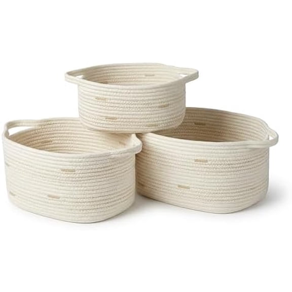 Storage Baskets for Organizing, Fabric Rope, Set of 3, Decorative Woven Bins with Easy-Carry Handles, Multiple Sizes, Durable and Stylish, Ivory with Beige Accents