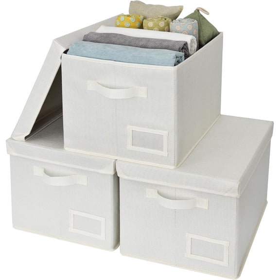 Storage Baskets for Organizing, Linen Closet Shelf Organizers and Storage Containers with Label Holder, Large Storage Bins with Lids for Bedroom, Ivory, 3-Pack