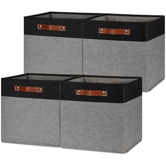 Storage Baskets for Organizing, Set of 4, Square Fabric Storage Cubes Bins 13 x 13, Collapsible Black Storage Bins for Shelves, Closets, Nursery, Home, Office (Black&Grey)