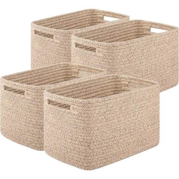 4 Pack Brown Woven Storage Baskets 12.7x9x7.8 inch, Cotton Rope Organizer for Books Towels Clothes Toys