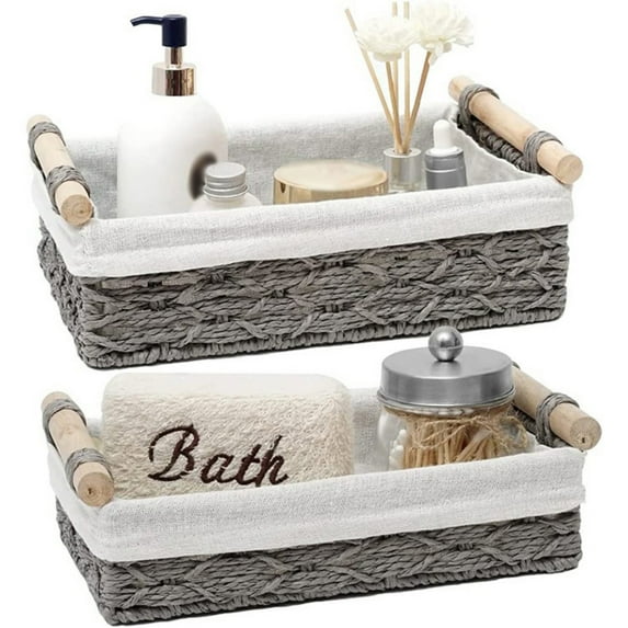 Storage Baskets Set of 2, Paper Rope Baskets with Handle for Organizing, Closet Shelf Counter Organizer, Storage Bins for Toilet Paper, Makeup, Office Supplies (11.8*7.8*3.9"&9.8*5.9*3.2")