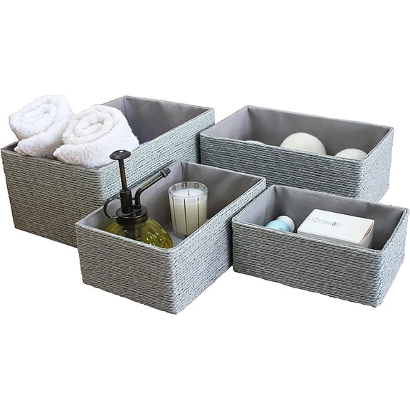 Storage Baskets Set 4 - Stackable Woven Basket Paper Rope Bin, Boxes for Makeup Closet Bathroom Bedroom (Gray)