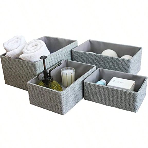 Storage Baskets Set 4 - Stackable Woven Basket Paper Rope Bin Storage Boxes for Makeup Closet Bathroom Bedroom Gray