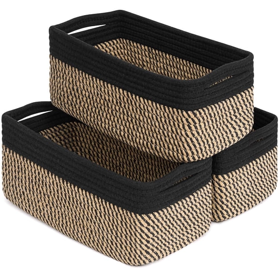 Storage Baskets, Shelf Baskets for Organizing Dog Toy Basket Closet Organizer Bins Nursery Woven Basket for Storage Cube Decorative Box 3 Pack, Black & Jute, 13 x 8 x 5 in