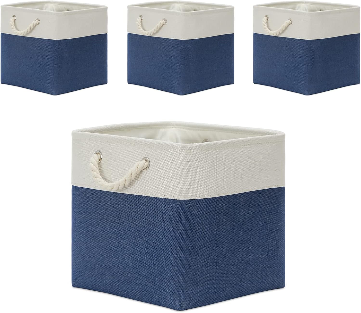 Storage Baskets for Shelves 13x13 Baskets for Gifts Empty, 4 Pack Shelf Baskets Large Storage Baskets Cube Storage Bins Fabric Storage Cubes with Handles for Shelves (White&Blue)