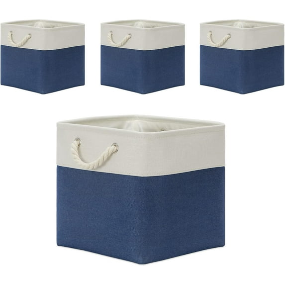 Storage Baskets for Shelves 13x13 Baskets for Gifts Empty, 4 Pack Shelf Baskets Large Storage Baskets Cube Storage Bins Fabric Storage Cubes with Handles for Shelves (White&Blue)