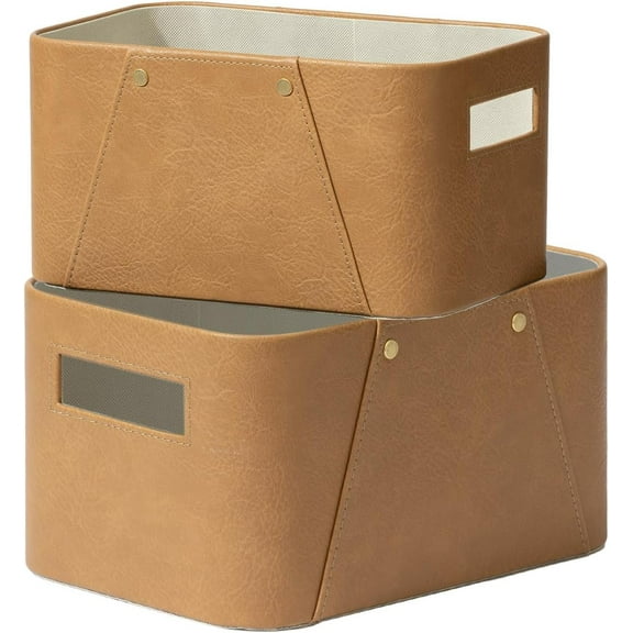 Storage Baskets for Organizing, 2 Pack, Storage Cube Boxes Luxury Brown Vegan Leather for Closet Shelf Cabinet Bookcase Camel