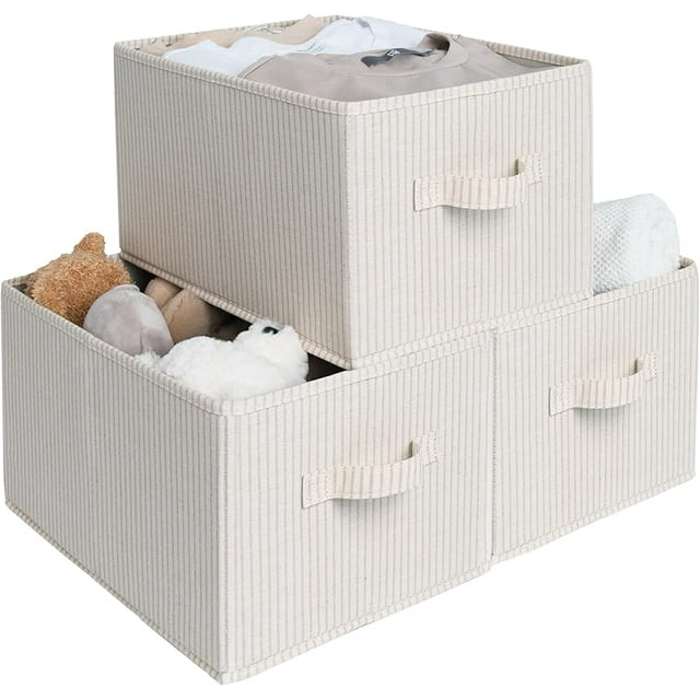 Storage Baskets for Shelves, Foldable Fabric Closet Storage Bins with Handles, Fabric Storage Bins Clothes Organizer, Beige Stripes, 3-Pack, Medium