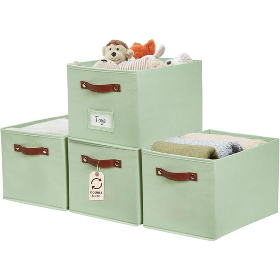 Storage Baskets for Shelves - Large 15"x11"x10" Foldable Fabric Storage Bins, Baskets for Organizing with Labels (Green, 4pcs)