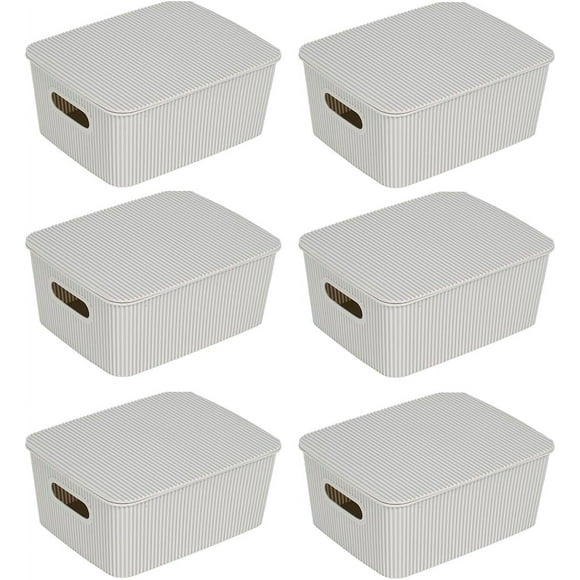Storage Baskets with Lids - Set of 6 Stackable Plastic Boxes with Handles - Decorative Shelf Organizer Bins for Bathroom and Closet, Grey, 1 Gallon