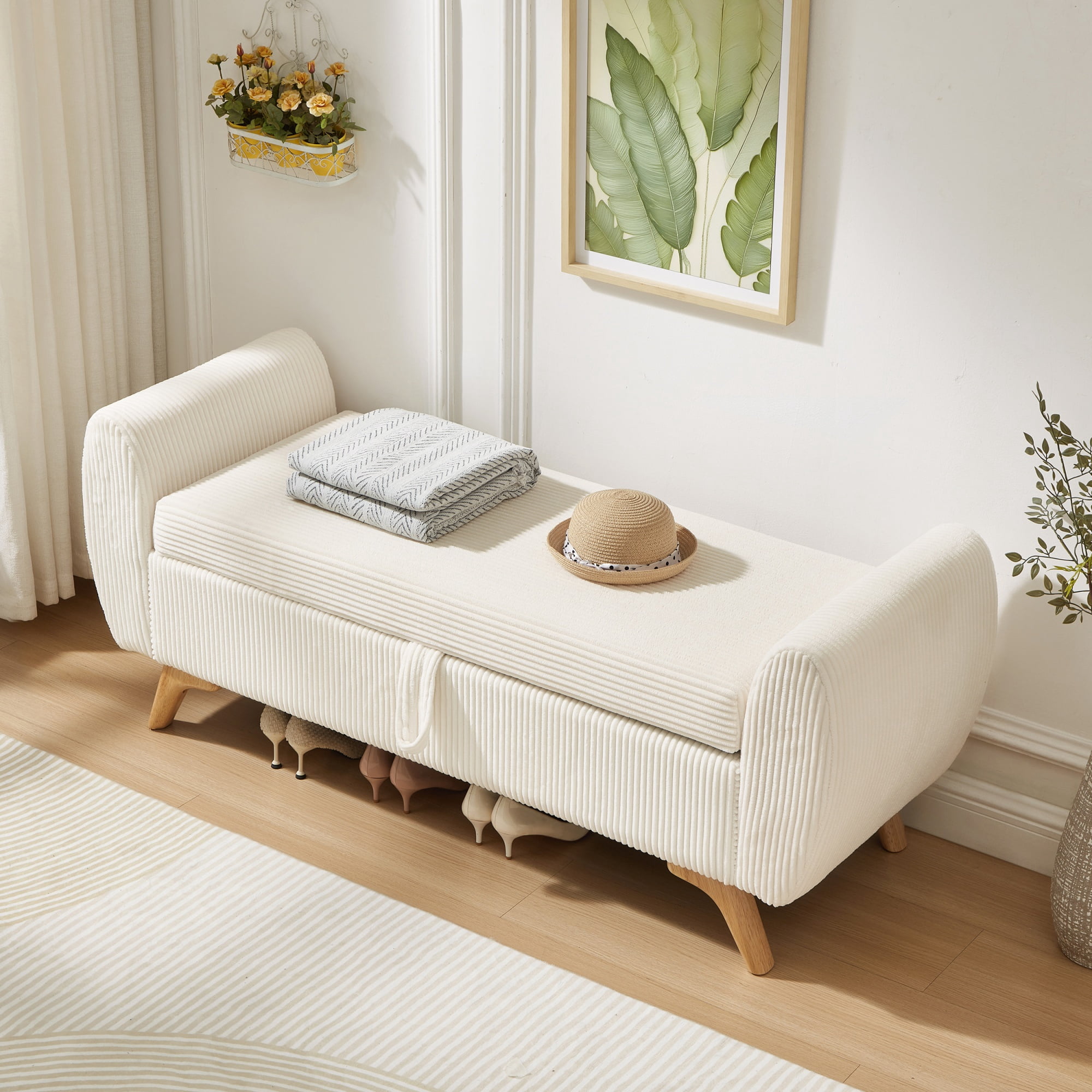 Storage Bed Bench 57 Inch, Corduroy Upholstered Bench with Flip Top Storage for Bedroom Hallway, Beige
