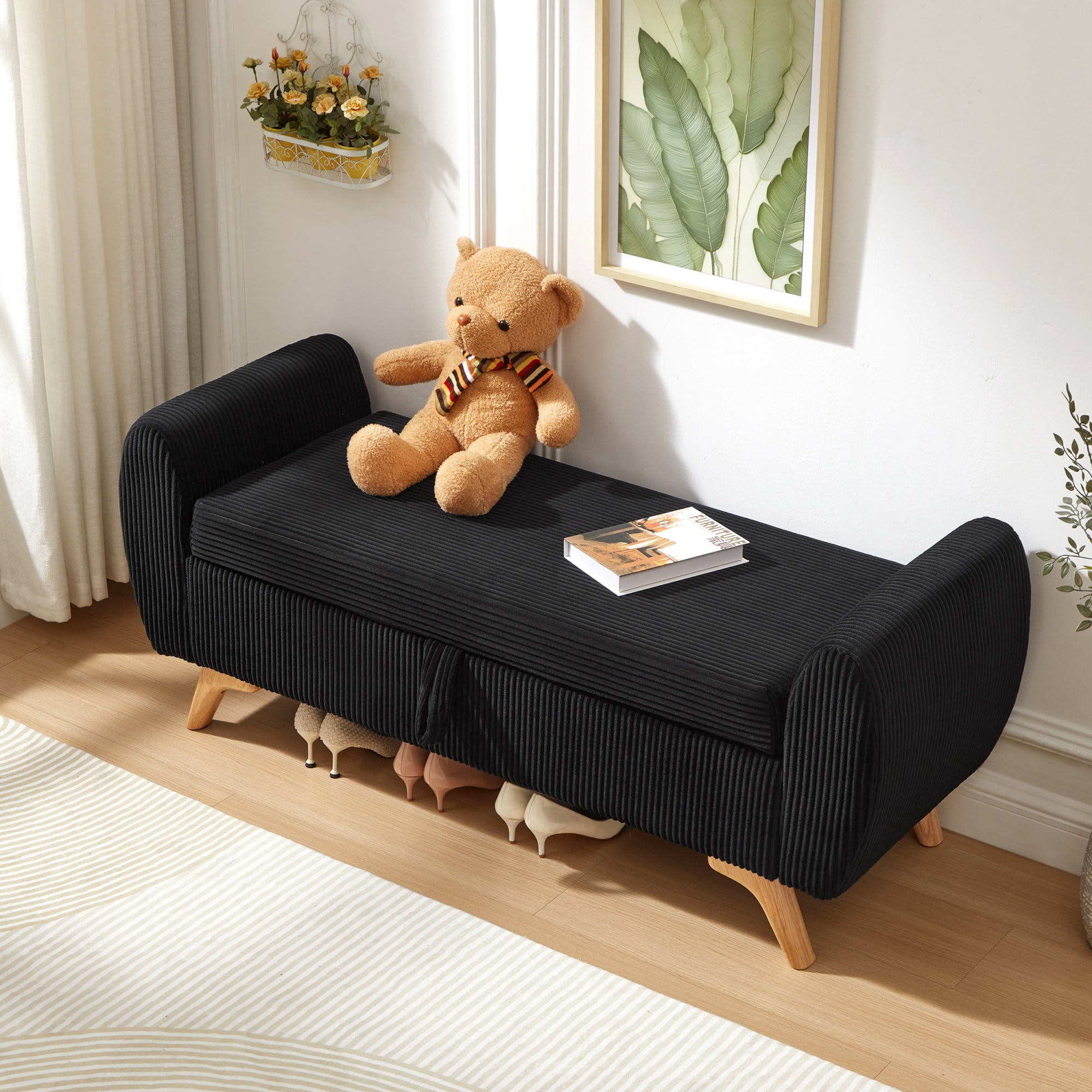 Storage Bed Bench 57 Inch, Corduroy Upholstered Bench with Flip Top Storage for Bedroom Hallway, Black