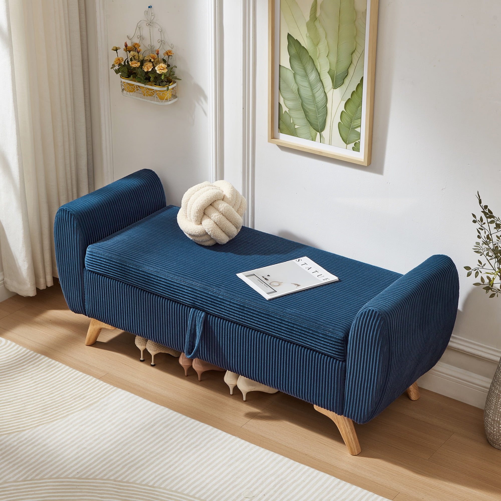 Storage Bed Bench 57 Inch, Corduroy Upholstered Bench with Flip Top Storage for Bedroom Hallway, Blue