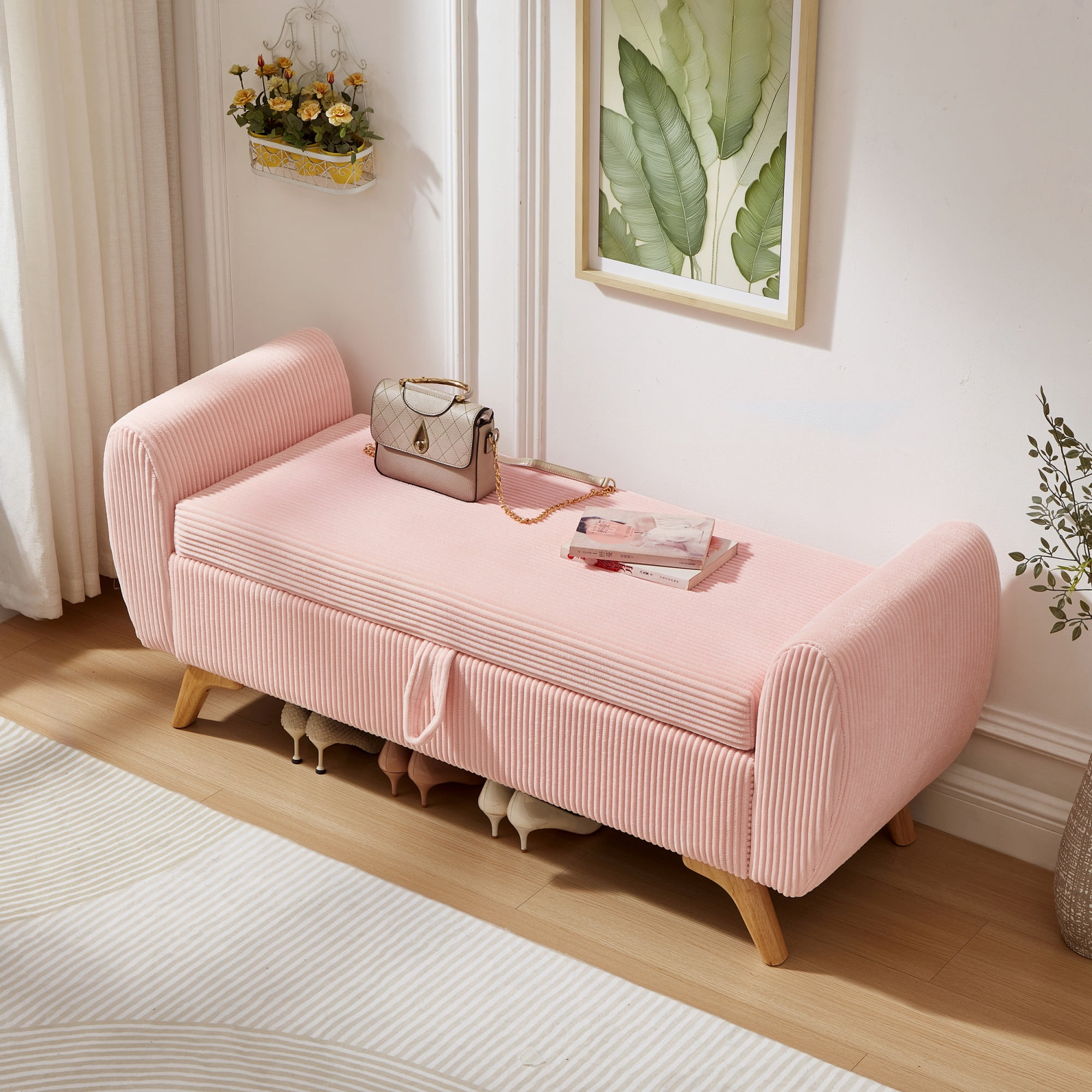 Storage Bed Bench 57 Inch, Corduroy Upholstered Bench with Flip Top Storage for Bedroom Hallway, Pink
