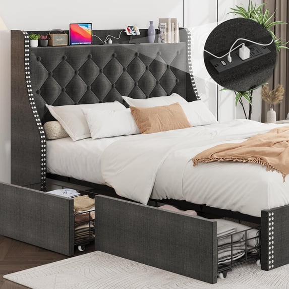 Storage Bed Frame, Wingback Headboard withTufted Upholstery, IntegratedCharging Hub, Reinforced Platform
